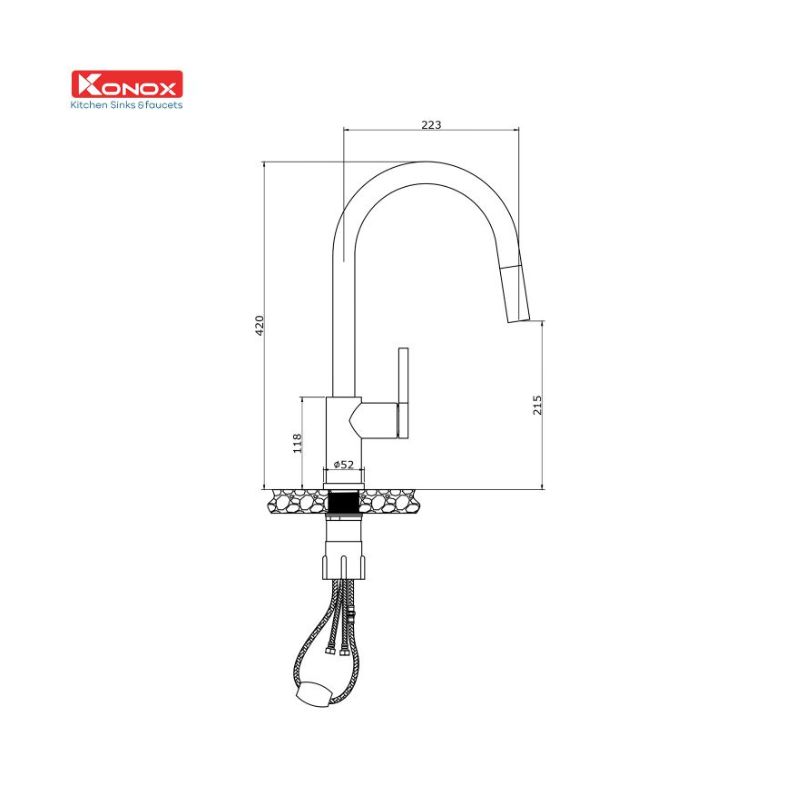Vòi rửa bát rút dây Konox Alto Black 4 kích thước của vòi rửa bát rút dây Konox Alto Black