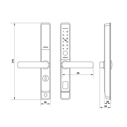 Khóa điện tử cửa nhôm DL6600 Hafele 912.20.145 8 Kích thước khóa điện tử cửa nhôm DL6600 Hafele 912.20.145