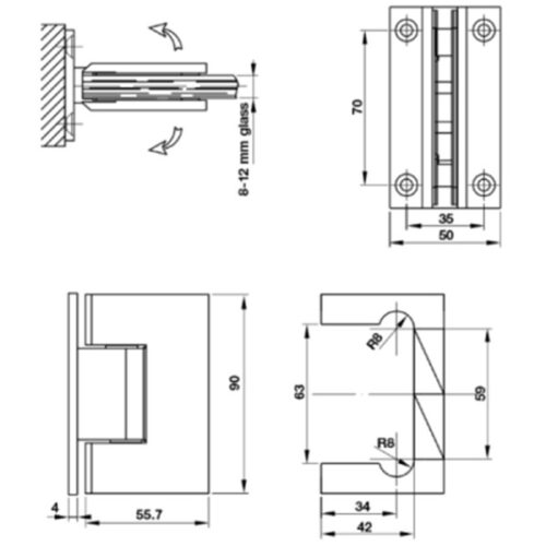 Bản lề tường - kính 90 độ màu đen Hafele 981.77.901 5 Kích thước của Bản lề tường - kính 90 độ màu đen Hafele 981.77.901