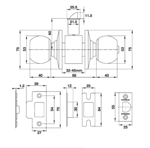 Bộ khóa 4 ổ khóa tròn và chìa chủ Hafele 489.93.253 5 Kích thước của Bộ khóa 4 ổ khóa tròn và chìa chủ Hafele 489.93.253