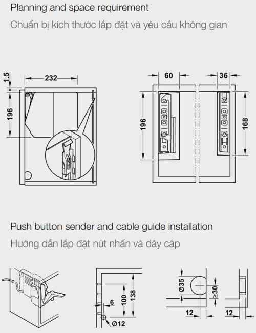 Bộ tay nâng Free Flap 1.7E Hafele 372.29.700 nắp trắng 5 Kích thước của Bộ tay nâng Free Flap 1.7E Hafele 372.29.700 nắp trắng