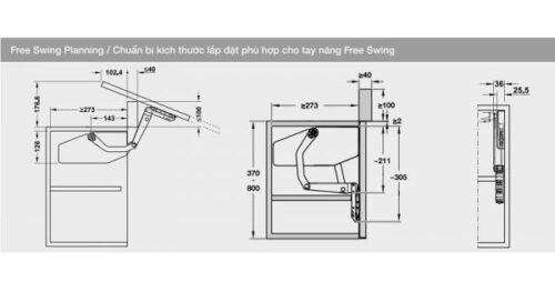 Bộ tay nâng Free Swing Hafele 493.05.773, đen 5 Kích thước của Bộ tay nâng Free Swing Hafele 493.05.773, đen