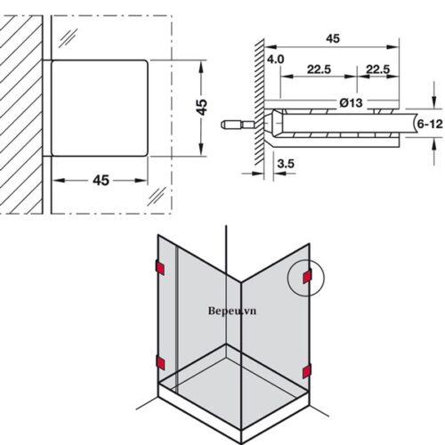 Kẹp kính tường 90º phòng tắm kính Hafele 981.77.918 7 Kích thước của Kẹp kính tường 90º phòng tắm kính Hafele 981.77.918