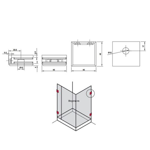 Kẹp tường - kính 90 độ màu đen Hafele 981.77.919 5 Kích thước của Kẹp tường - kính 90 độ màu đen Hafele 981.77.919