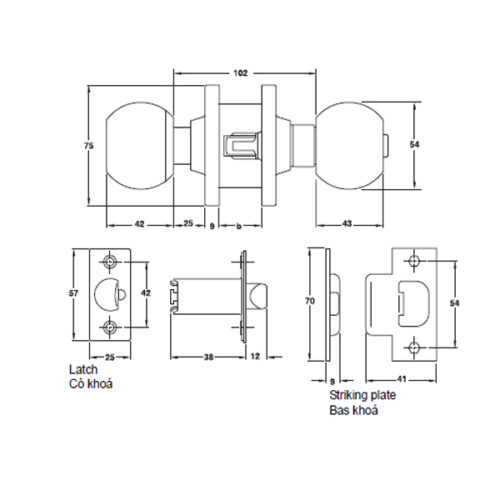 Khóa tay nắm tròn cửa chính loại lớn Hafele 911.64.267 5 Kích thước của Khóa tay nắm tròn cửa chính loại lớn Hafele 911.64.267