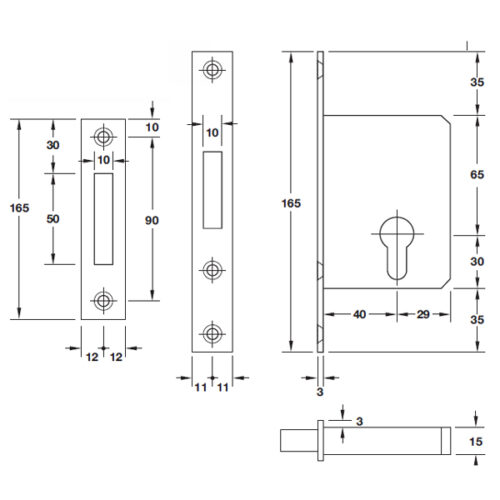 Thân khóa cho cửa trượt Hafele 911.26.277 5 Kích thước của Thân khóa cho cửa trượt Hafele 911.26.277