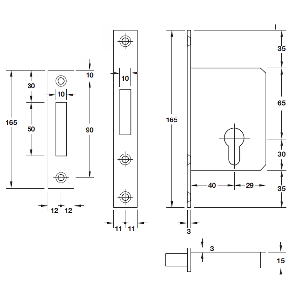 Thân khóa cho cửa trượt Hafele 911.26.277 4 Kích thước của Thân khóa cho cửa trượt Hafele 911.26.277
