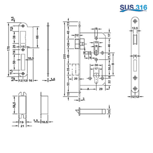 Thân khóa lưỡi gà chốt chết Inox 316 Hafele 911.25.402 5 Kích thước của Thân khóa lưỡi gà chốt chết Inox 316 Hafele 911.25.402