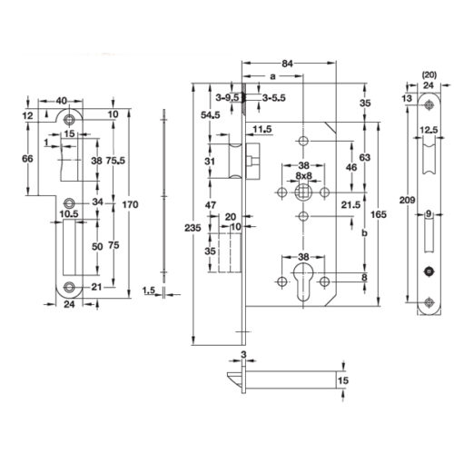 Thân khóa lưỡi gà và chốt chết E55/72A Hafele 911.25.100 5 Kích thước của Thân khóa lưỡi gà và chốt chết E55/72A Hafele 911.25.100