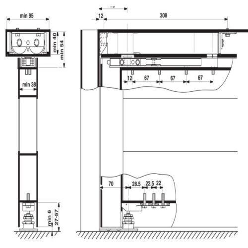 Thiết bị đóng cửa tự động gắn khung EN3 Hafele 932.79.110 5 Kích thước của Thiết bị đóng cửa tự động gắn khung EN3 Hafele 932.79.110