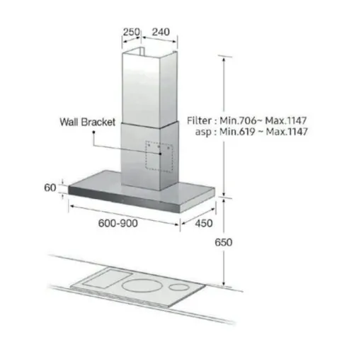 Kích thước máy hút mùi áp tường Samsung NK24M5070BS/UR