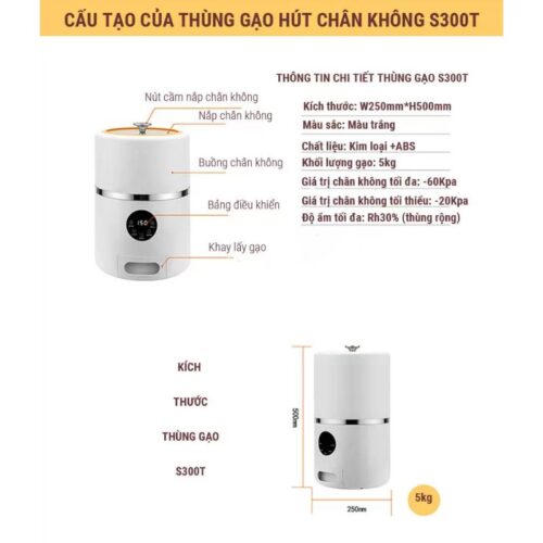 Thùng gạo thông minh chân không Eurogold S300T 7 Kích thước thùng gạo thông minh chân không Eurogold S300T