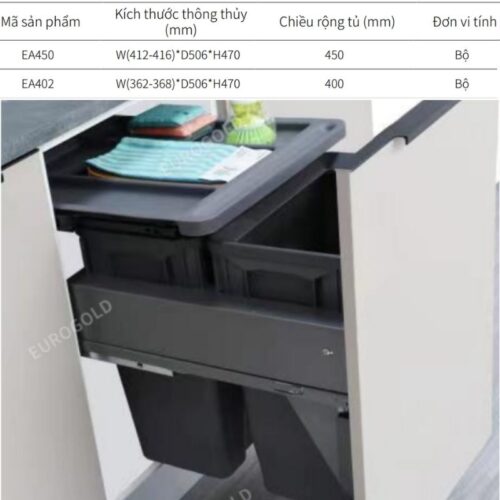 Thùng rác âm tủ giảm chấn Eurogold EA402 5 Kích thước thùng rác âm tủ giảm chấn Eurogold EA402