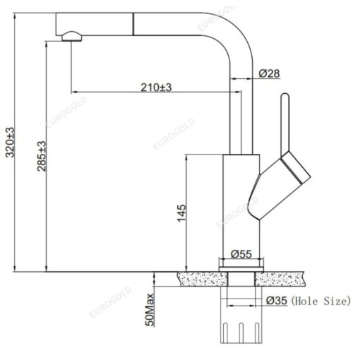 Vòi rửa bát nóng lạnh Eurogold EUF120DR có dây rút 5 Kích thước vòi rửa bát nóng lạnh Eurogold EUF120DR có dây rút