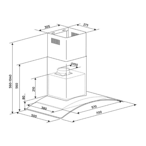 Máy hút mùi áp tường Binova BI-58-GT-07 5 Kích thước máy hút mùi áp tường Binova BI-58-GT-07