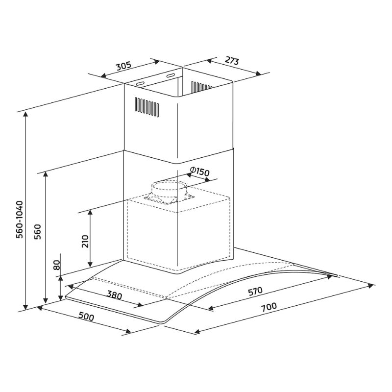 Kích thước máy hút mùi áp tường Binova BI-77-GT-07