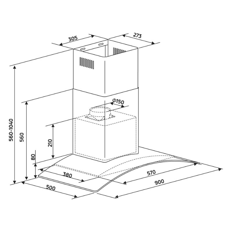 Kích thước máy hút mùi áp tường Binova BI-77-GT-09
