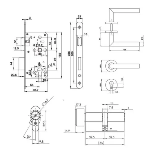 Bộ khóa tay nắm cửa vệ sinh Hafele 489.10.660 5 Kích thước bộ khóa tay nắm cửa vệ sinh Hafele 489.10.660