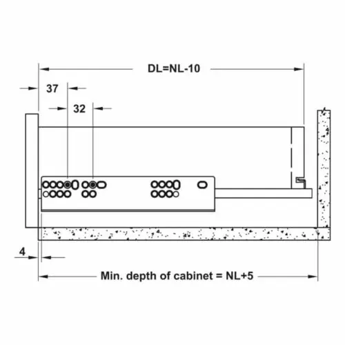 Ray âm giảm chấn EPC EVO mở 3/4 300mm Hafele 433.32.501 7 Kích thước ray âm giảm chấn EPC EVO mở 3/4 300mm Hafele 433.32.501