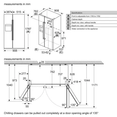 Tủ lạnh 2 cánh side by side 531 lít Bosch KAG93AIEP 9 Kích thước tủ lạnh 2 cánh side by side 531 lít Bosch KAG93AIEP
