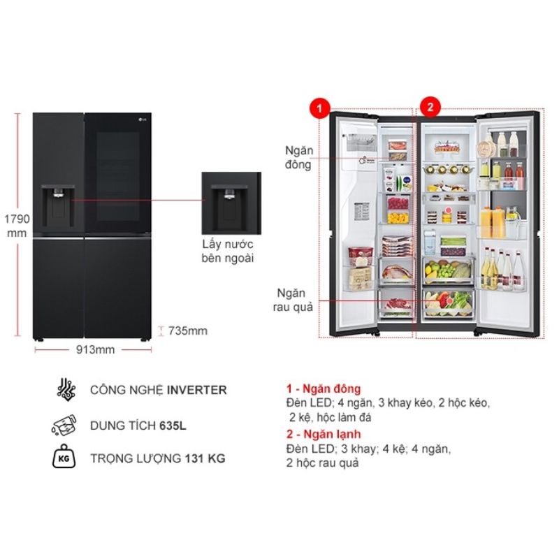 Tủ lạnh 2 cánh side by side 635 lít LG GR-X257BL ALBPEVN 6 Kích thước tủ lạnh 2 cánh side by side 635 lít LG GR-X257BL ALBPEVN