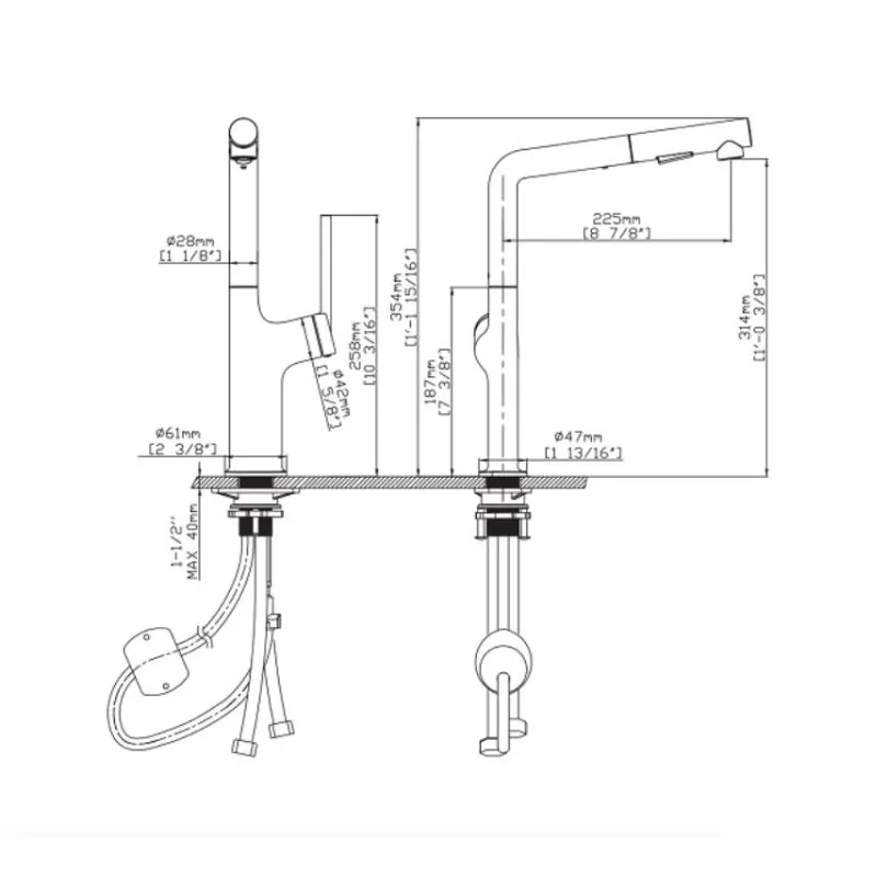 Vòi rửa bát nóng lạnh Kluger KLF0008S có dây rút 10 Ảnh 2d Kluger KLF0008S có dây rút