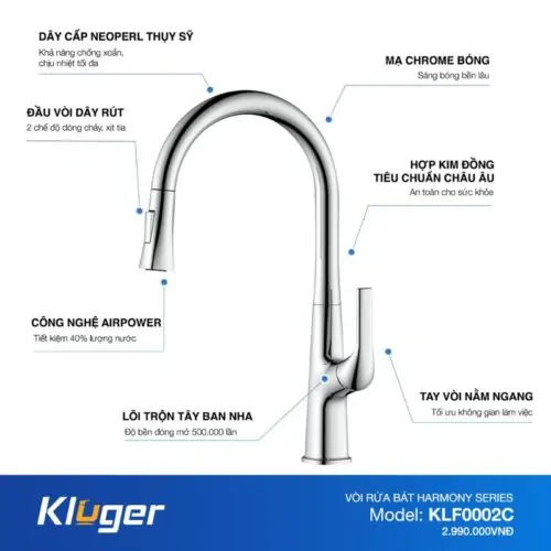 Vòi rửa bát nóng lạnh Kluger KLF0002C có dây rút 12 Ảnh cấu tạo Kluger KLF0002C có dây rút