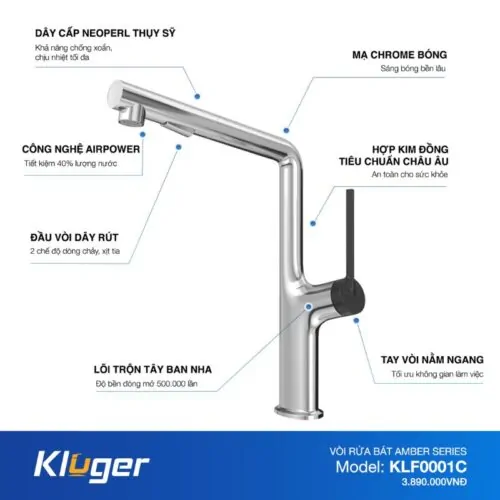 Vòi rửa bát nóng lạnh Kluger KLF0001C có dây rút 12 Ảnh thông số Kluger KLF0001C có dây rút