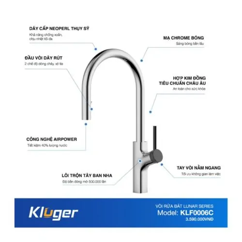 Vòi rửa bát nóng lạnh Kluger KLF0006C có dây rút 13 Ảnh thông số Kluger KLF0006C có dây rút