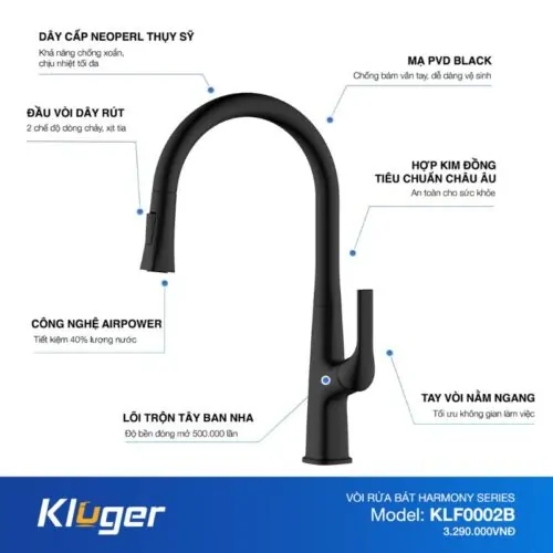 Vòi rửa bát nóng lạnh Kluger KLF0002B có dây rút 13 Hình ảnh cấu tạo Kluger KLF0002B có dây rút