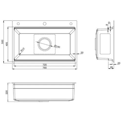 Chậu rửa bát 1 hố Kluger KWF8161FS-S76 13 Kích thước chậu rửa bát 1 hố Kluger KWF8161FS-S76