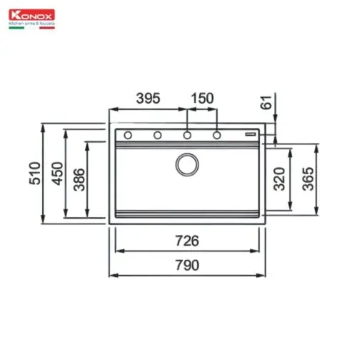 Chậu rửa bát đá 1 hố Konox Terra 790S Black 9 Kích thước chậu rửa bát đá 1 hố Konox Terra 790S Black