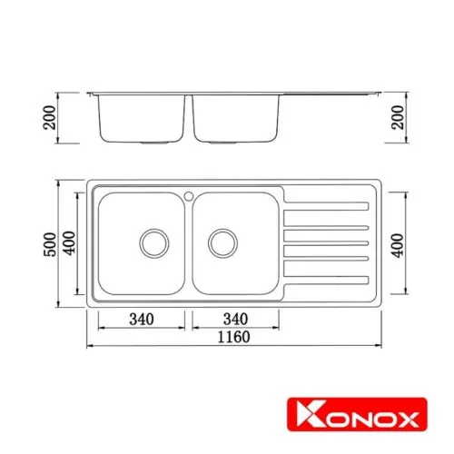 Chậu rửa chén bát Konox Artusi KS11650 1D Bàn phải 9 Kích thước chậu rửa chén bát Konox Artusi KS11650 1D Bàn phải