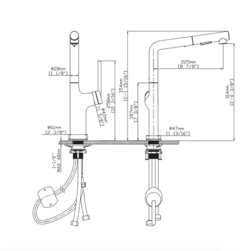 Vòi rửa bát nóng lạnh Kluger KLF0001B có dây rút 14 Kích thước vòi rửa bát nóng lạnh Kluger KLF0001B có dây rút