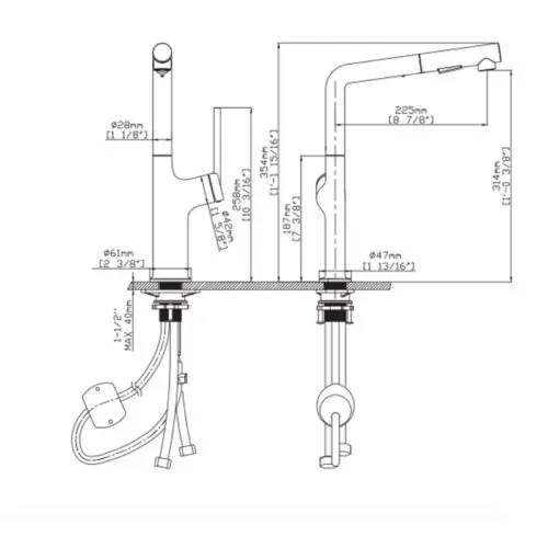Vòi rửa bát nóng lạnh Kluger KLF0001C có dây rút 15 Kích thước vòi rửa bát nóng lạnh Kluger KLF0001C có dây rút