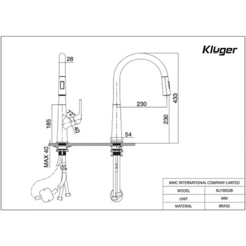 Vòi rửa bát nóng lạnh Kluger KLF0002B có dây rút 15 Kích thước vòi rửa bát nóng lạnh Kluger KLF0002B có dây rút