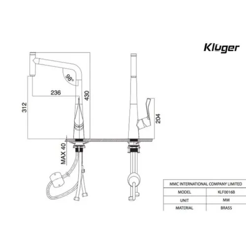 Vòi rửa bát nóng lạnh Kluger KLF0016C có dây rút 13 Kích thước vòi rửa bát nóng lạnh Kluger KLF0016C có dây rút