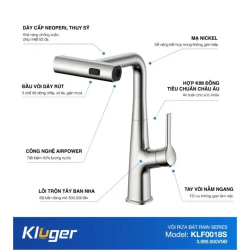 Vòi rửa bát nóng lạnh Kluger KLF0018S có dây rút 12 Thông số Kluger KLF0018S có dây rút