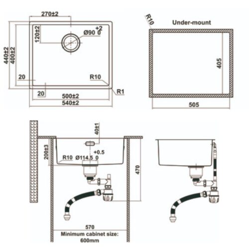 Chậu rửa bát inox 1 hố Hafele HS24-SSN1S-540 567.24.457 7 Kích thước chậu rửa bát inox 1 hố Hafele HS24-SSN1S-540 567.24.457