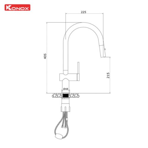 Vòi rửa bát nóng lạnh Konox Comfor Chrome có dây rút 5 Kích thước vòi rửa bát nóng lạnh Konox Comfor Chrome có dây rút