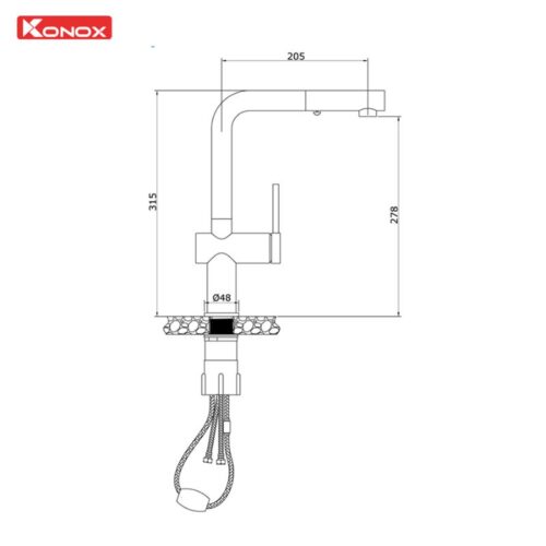 Vòi rửa bát nóng lạnh Konox Stream Chrome có dây rút 5 Kích thước vòi rửa bát nóng lạnh Konox Stream Chrome có dây rút