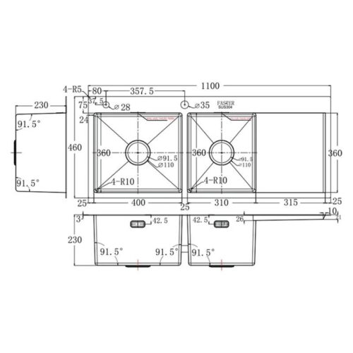 Chậu rửa bát inox 2 hố Faster FS 11046HMS 7 Kích thước chậu rửa bát inox 2 hố Faster FS 11046HMS