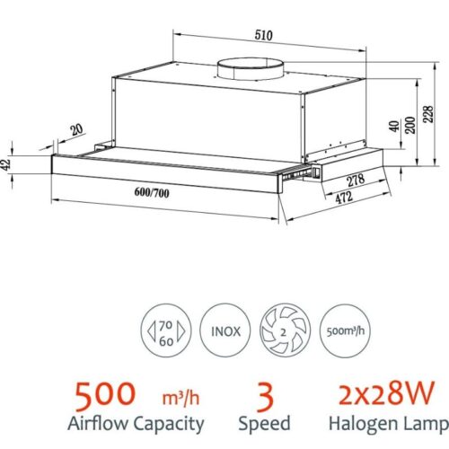 Máy hút mùi âm tủ Tomate TOM 1151-60 5 Kích thước máy hút mùi âm tủ Tomate TOM 1151-60