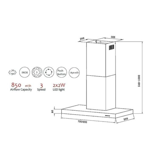 Máy hút mùi áp tường Tomate TOM 3023‐70 5 Kích thước máy hút mùi áp tường Tomate TOM 3023‐70