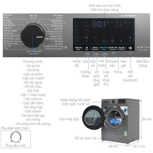 Máy Giặt Beko Inverter 9 Kg WCV9648XSTM cửa trước 9 Kích thước máy Giặt Beko Inverter 9 Kg WCV9648XSTM cửa trước