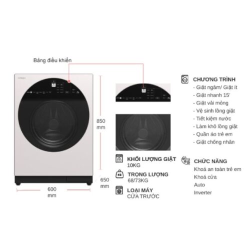 Máy Giặt Hitachi Inverter 10 Kg BD-100GV WH cửa trước 7 Kích thước máy Giặt Hitachi Inverter 10 Kg BD-100GV WH cửa trước