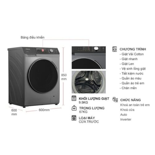 Máy Giặt Hitachi Inverter 9.5 Kg BD-954HVOS cửa trước 7 Kích thước máy Giặt Hitachi Inverter 9.5 Kg BD-954HVOS cửa trước