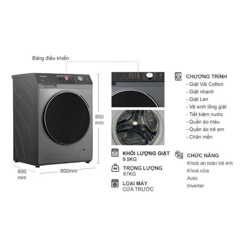 Máy Giặt Hitachi Inverter 9.5 Kg BD-954HVOS cửa trước 5 Kích thước máy Giặt Hitachi Inverter 9.5 Kg BD-954HVOS cửa trước