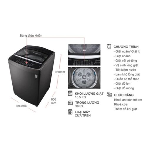 Máy Giặt LG Inverter 10.5 Kg T2350VSAB cửa trên 9 Kích thước máy Giặt LG Inverter 10.5 Kg T2350VSAB cửa trên
