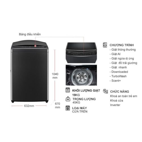 Máy Giặt LG Inverter 19 Kg TV2519SV7J cửa trên 9 Kích thước máy Giặt LG Inverter 19 Kg TV2519SV7J cửa trên